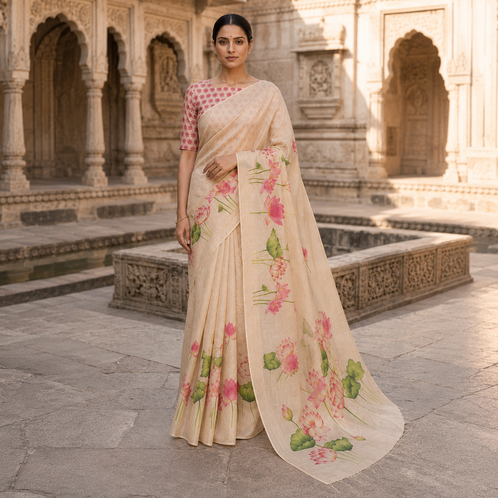 Pink Lotus Bloom Cotton Silk Saree with Blouse Piece