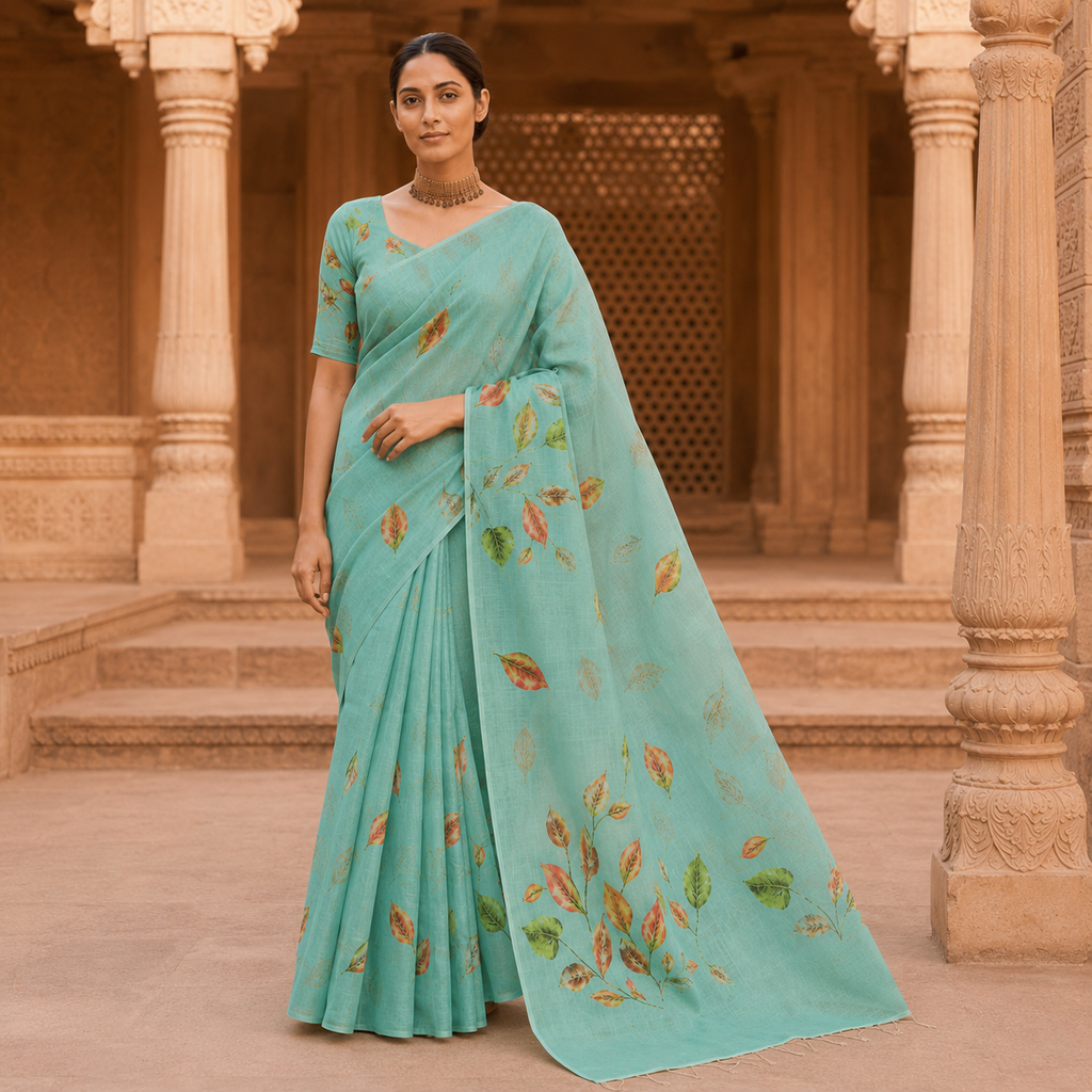 Aqua Leaf Symphony Cotton Silk Saree with Blouse Piece