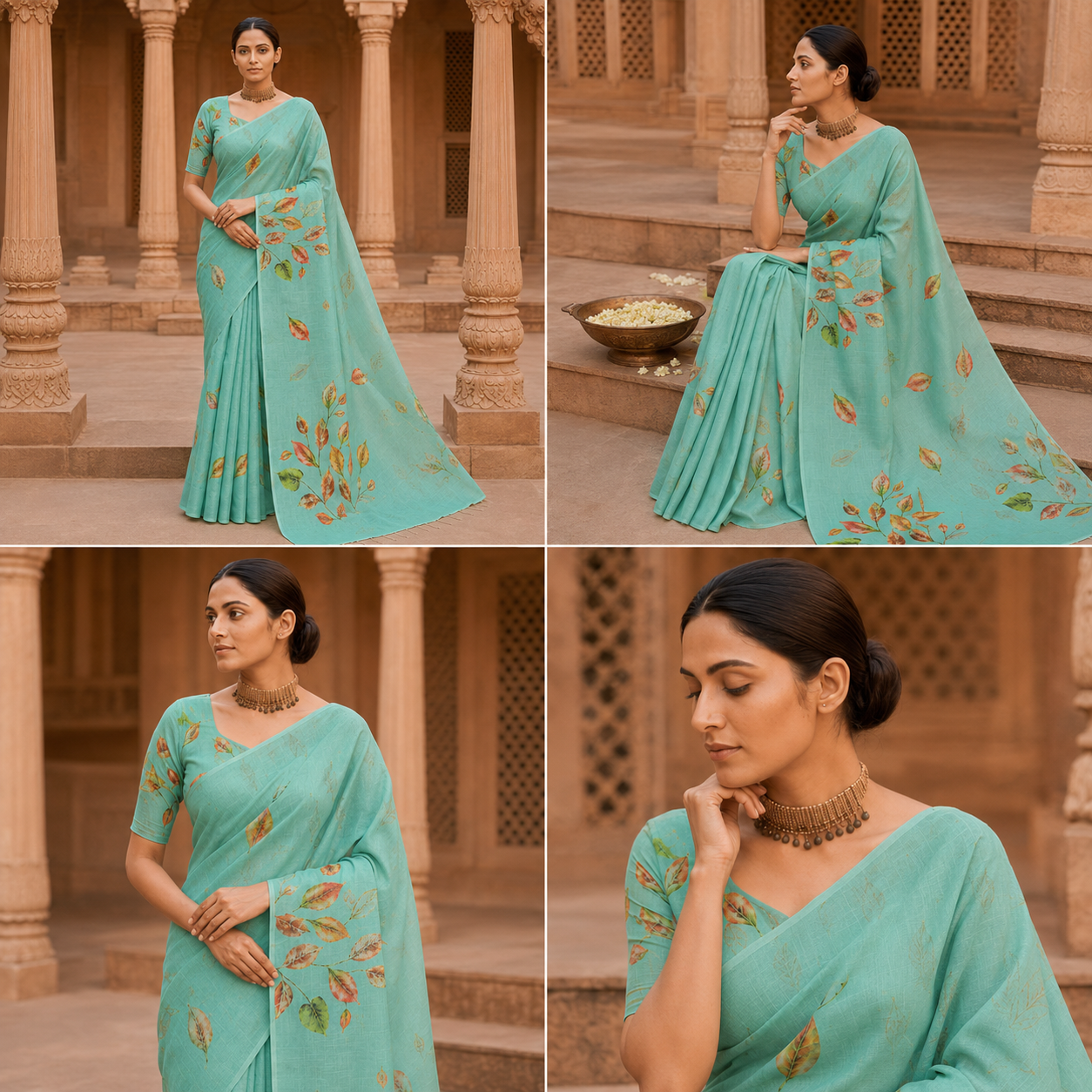 Aqua Leaf Symphony Cotton Silk Saree with Blouse Piece