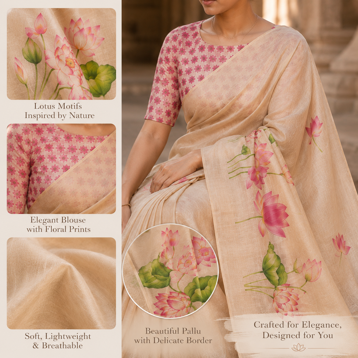 Pink Lotus Bloom Cotton Silk Saree with Blouse Piece