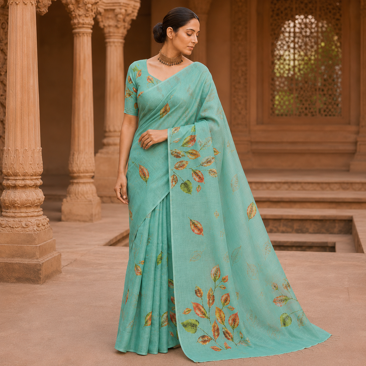 Aqua Leaf Symphony Cotton Silk Saree with Blouse Piece