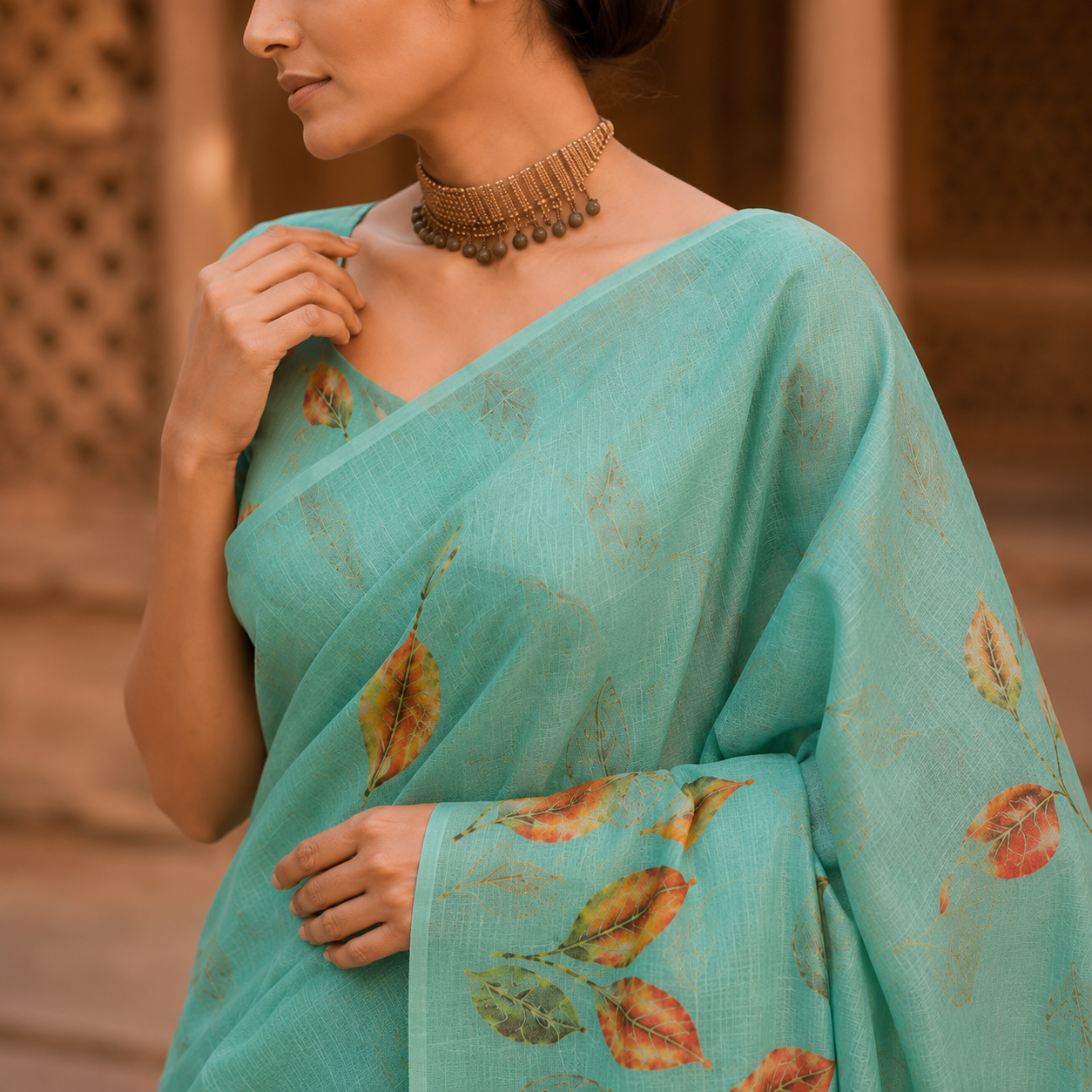 Aqua Leaf Symphony Cotton Silk Saree with Blouse Piece