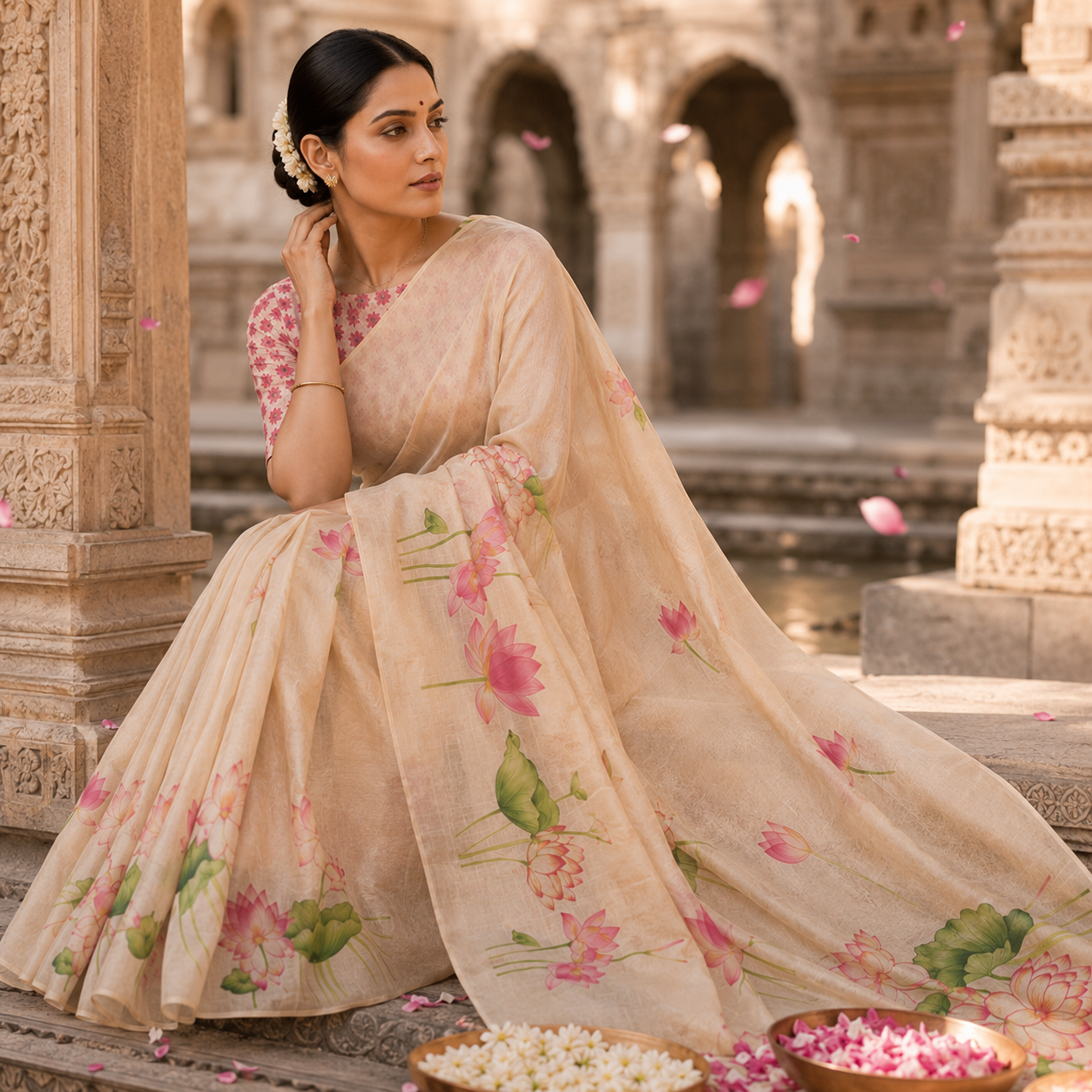 Pink Lotus Bloom Cotton Silk Saree with Blouse Piece