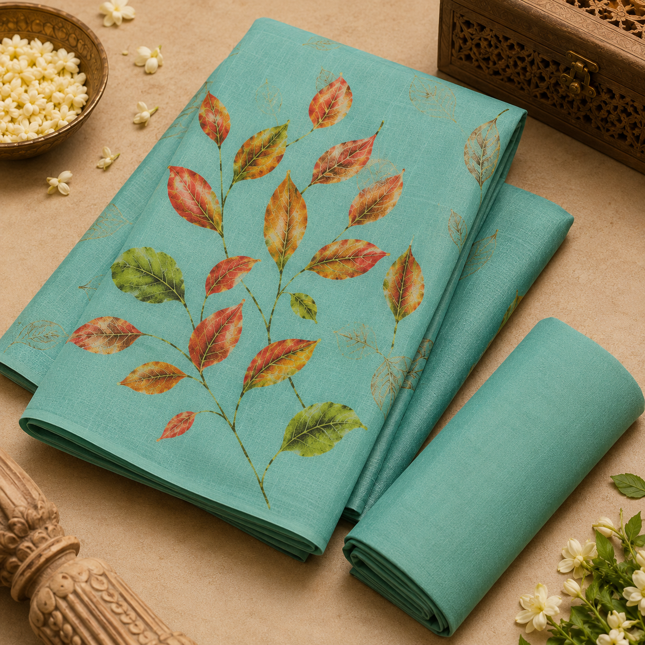 Aqua Leaf Symphony Cotton Silk Saree with Blouse Piece