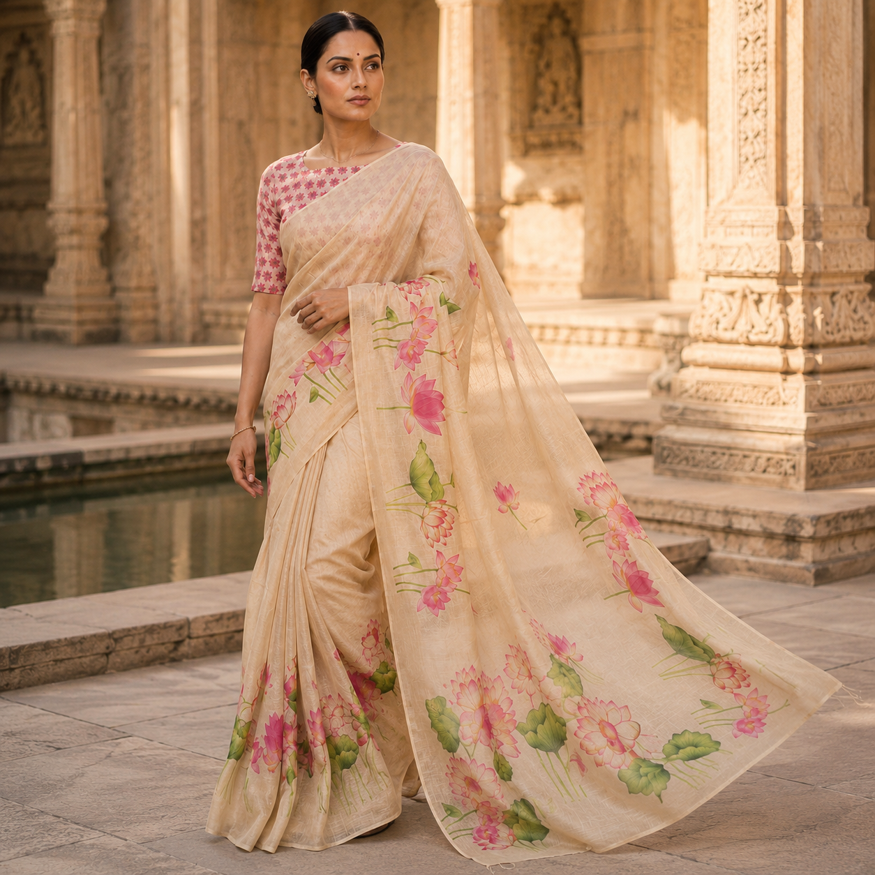 Pink Lotus Bloom Cotton Silk Saree with Blouse Piece