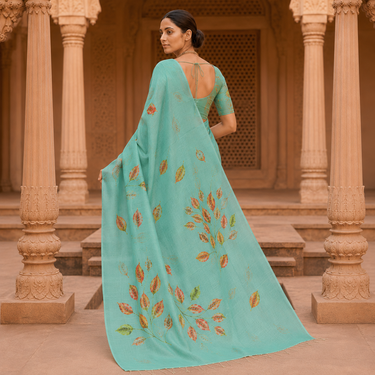 Aqua Leaf Symphony Cotton Silk Saree with Blouse Piece