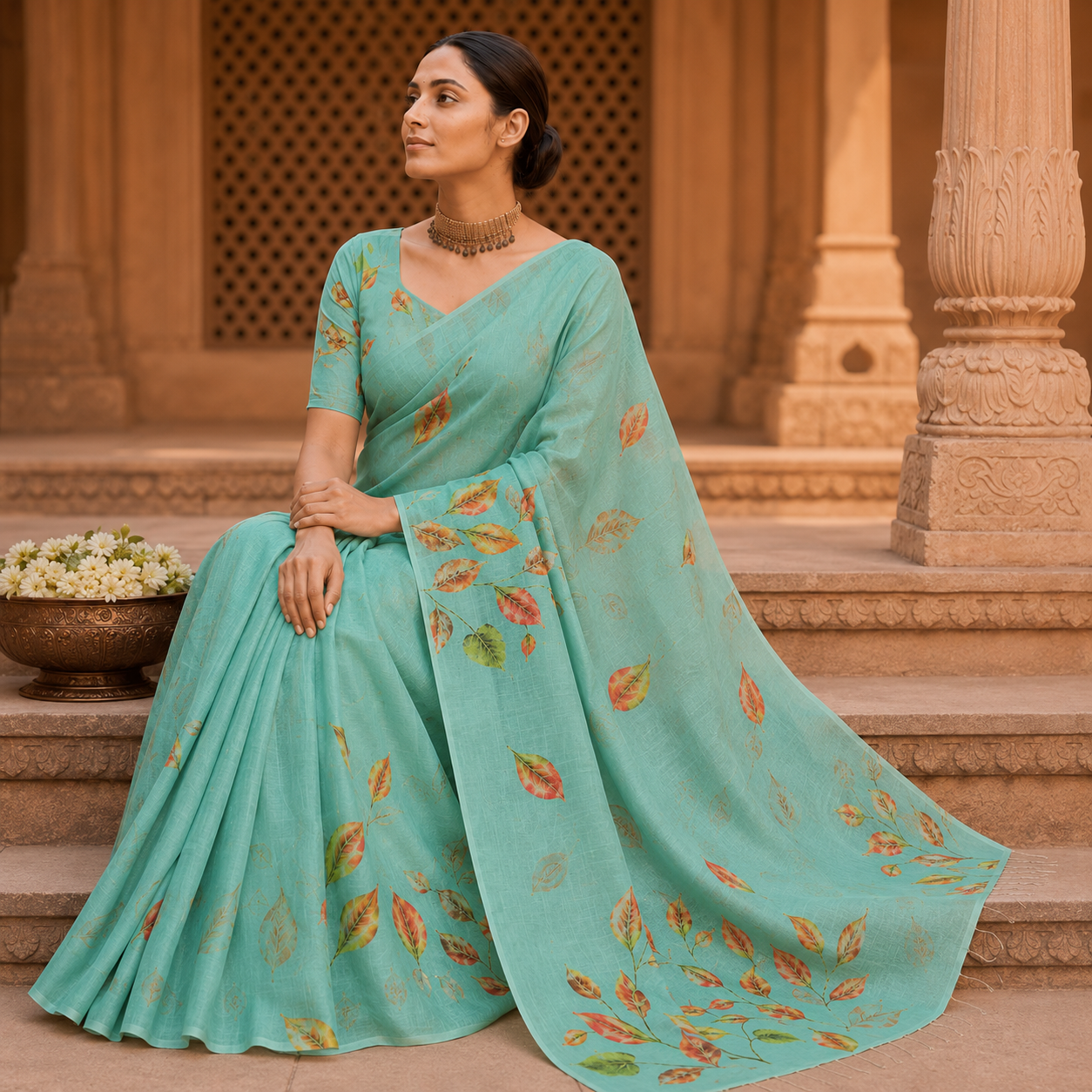 Aqua Leaf Symphony Cotton Silk Saree with Blouse Piece