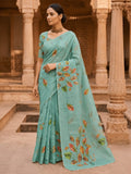 House of Nirwaa Aqua Leaf Symphony Cotton Silk Saree