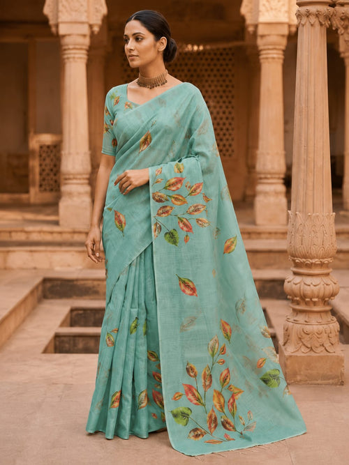 House of Nirwaa Aqua Leaf Symphony Cotton Silk Saree