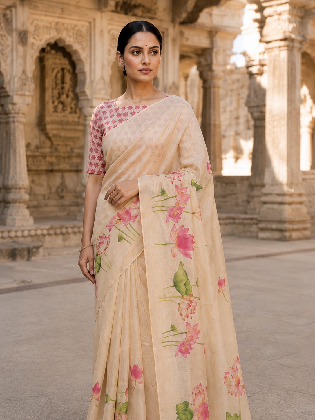 House of Nirwaa Pink Lotus Bloom Cotton Silk Saree
