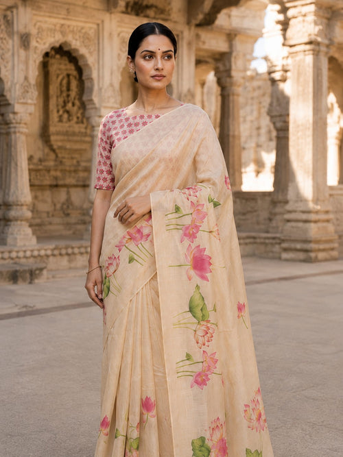 House of Nirwaa Pink Lotus Bloom Cotton Silk Saree