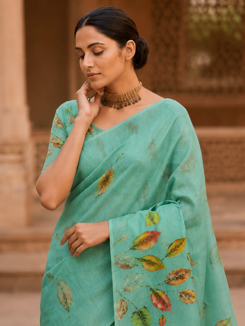 House of Nirwaa Aqua Leaf Symphony Cotton Silk Saree