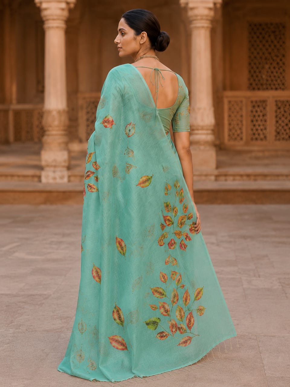 House of Nirwaa Aqua Leaf Symphony Cotton Silk Saree