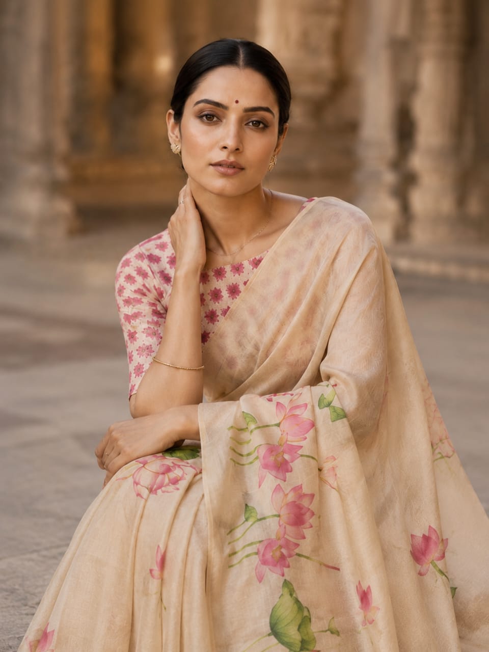 House of Nirwaa Pink Lotus Bloom Cotton Silk Saree