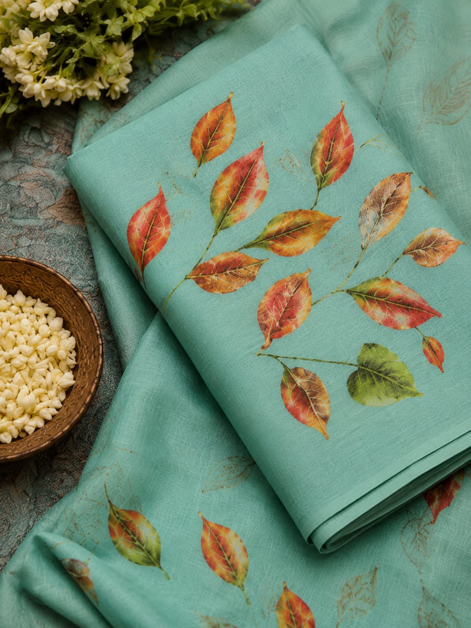 House of Nirwaa Aqua Leaf Symphony Cotton Silk Saree