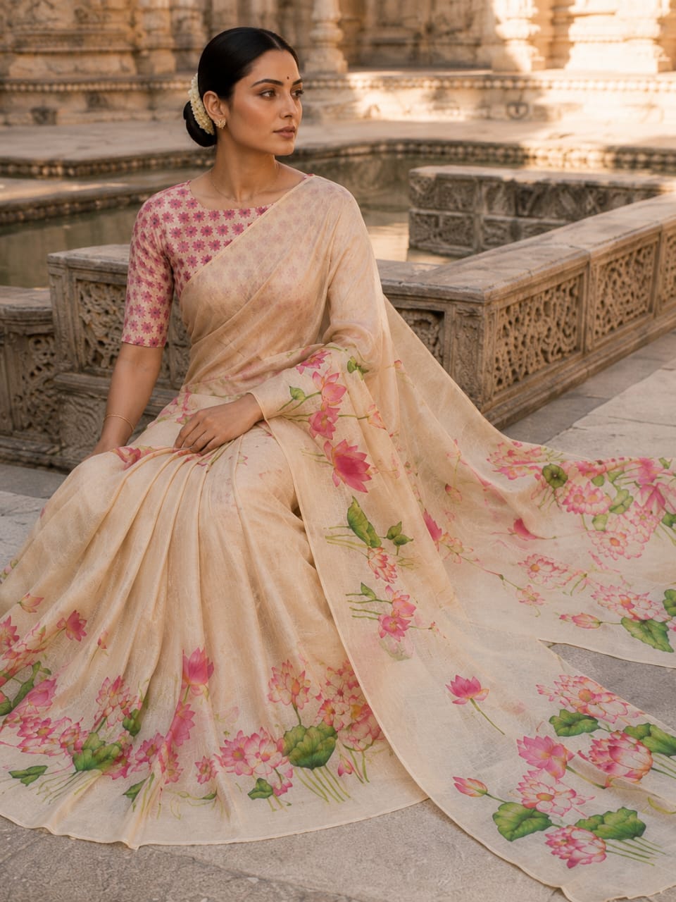 House of Nirwaa Pink Lotus Bloom Cotton Silk Saree