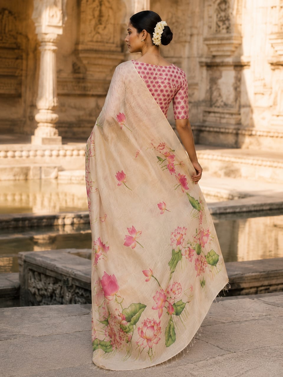 House of Nirwaa Pink Lotus Bloom Cotton Silk Saree