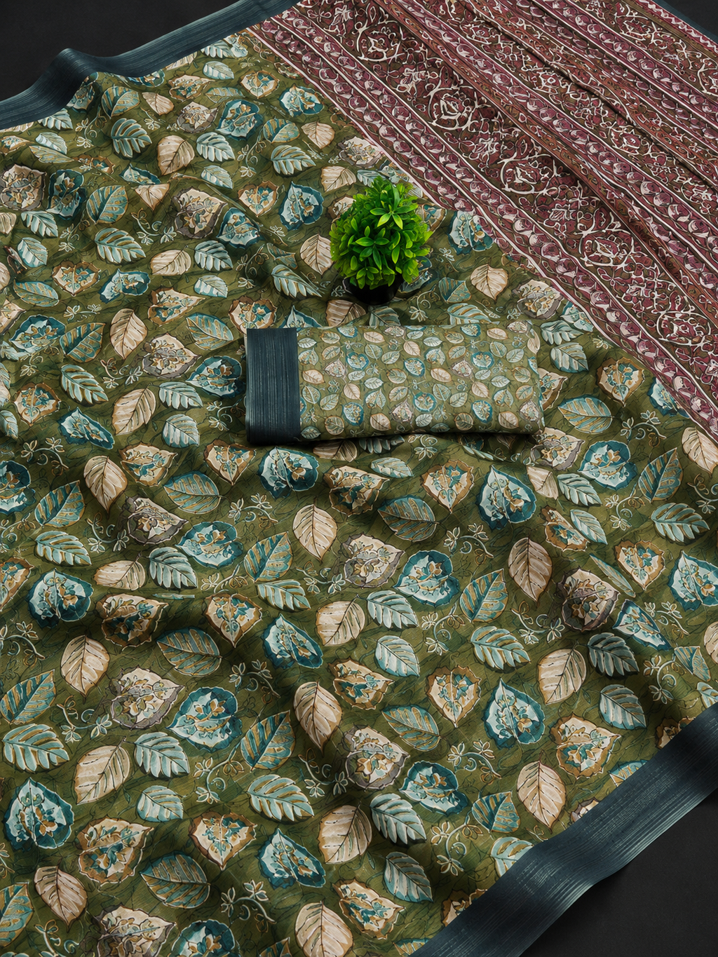 House of Nirwaa Olive Heritage Paisley Cotton Silk Saree with Blouse Piece