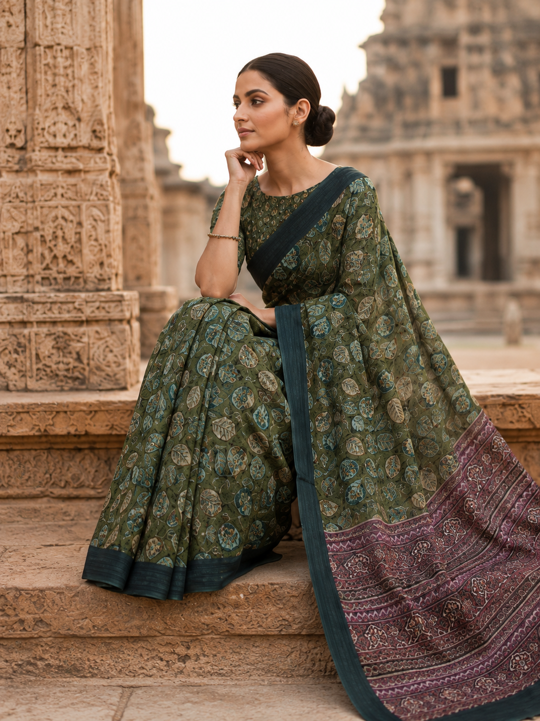 House of Nirwaa Olive Heritage Paisley Cotton Silk Saree with Blouse Piece