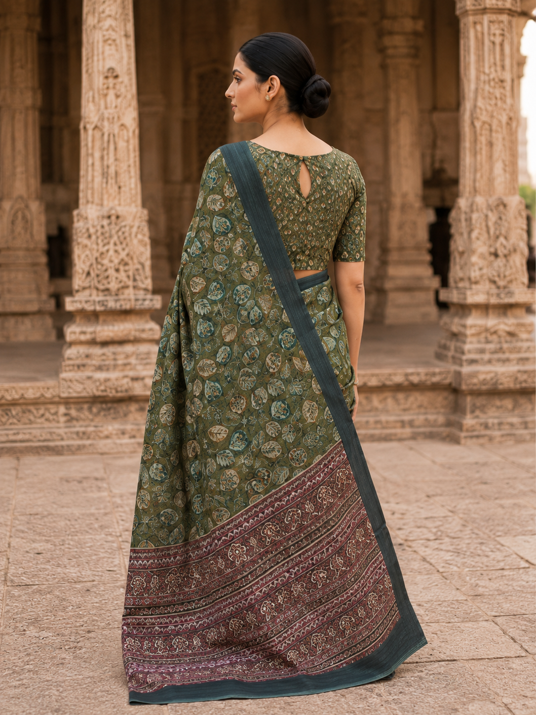 House of Nirwaa Olive Heritage Paisley Cotton Silk Saree with Blouse Piece