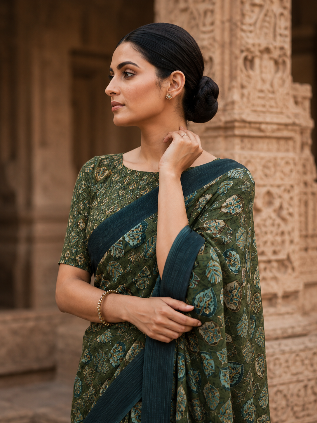 House of Nirwaa Olive Heritage Paisley Cotton Silk Saree with Blouse Piece