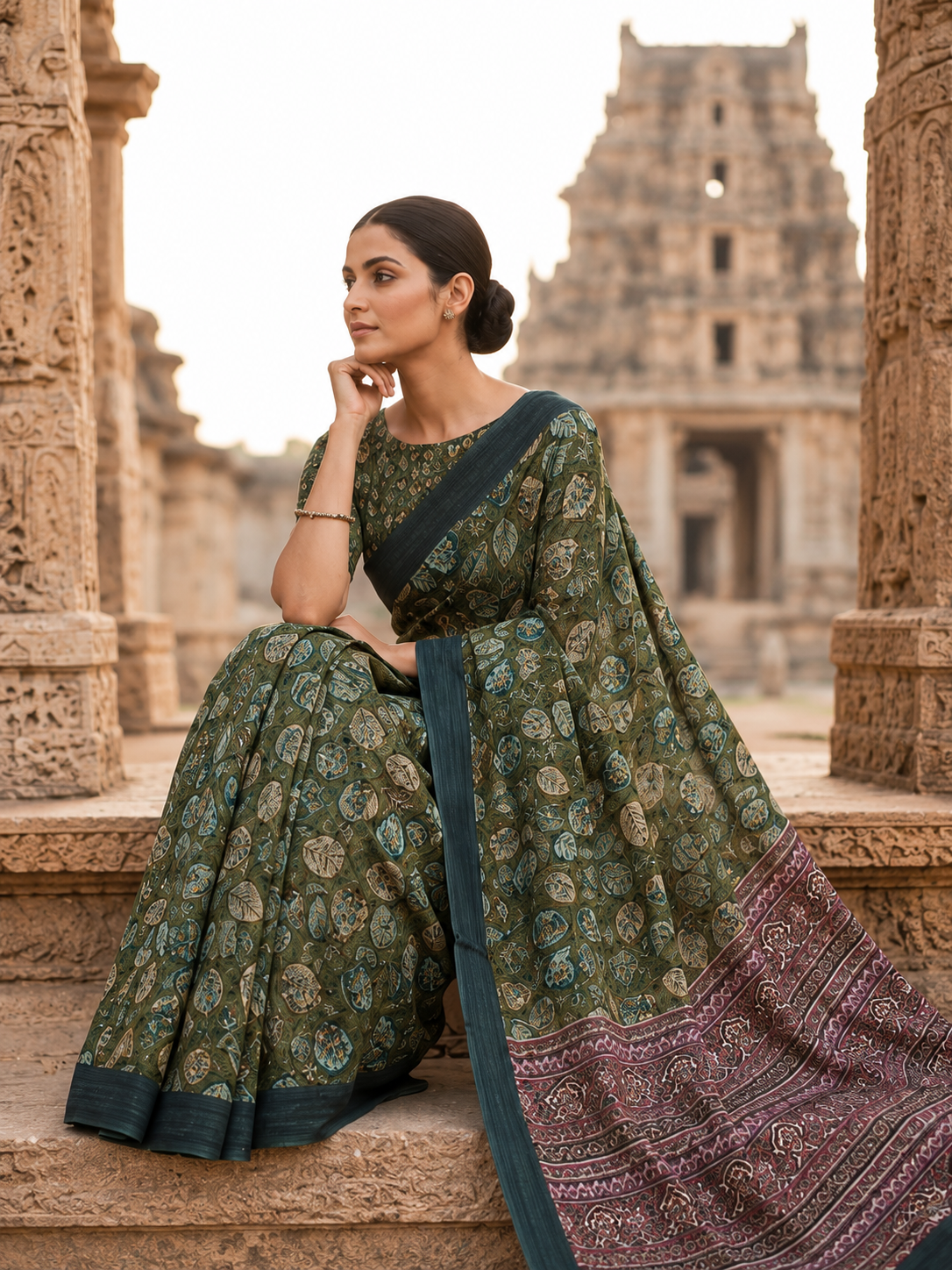 House of Nirwaa Olive Heritage Paisley Cotton Silk Saree with Blouse Piece