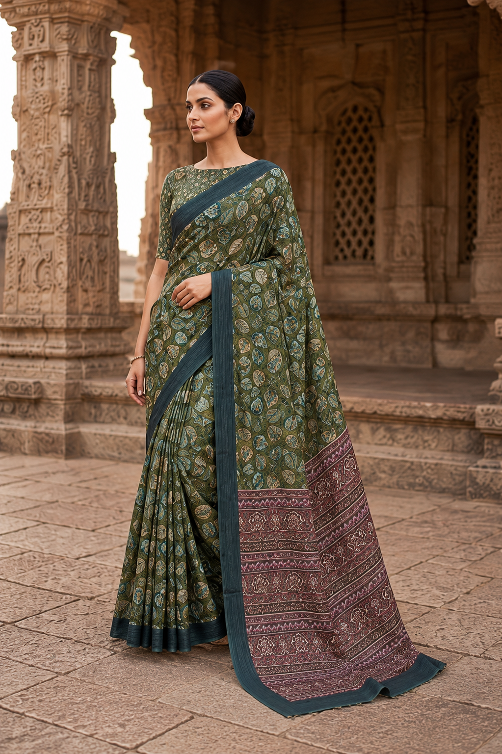 House of Nirwaa Olive Heritage Paisley Cotton Silk Saree with Blouse Piece