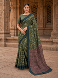 House of Nirwaa Olive Heritage Paisley Cotton Silk Saree with Blouse Piece