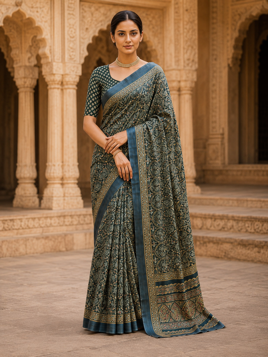 House of Nirwaa Teal Paisley Royale Cotton Silk Saree with Blouse Piece