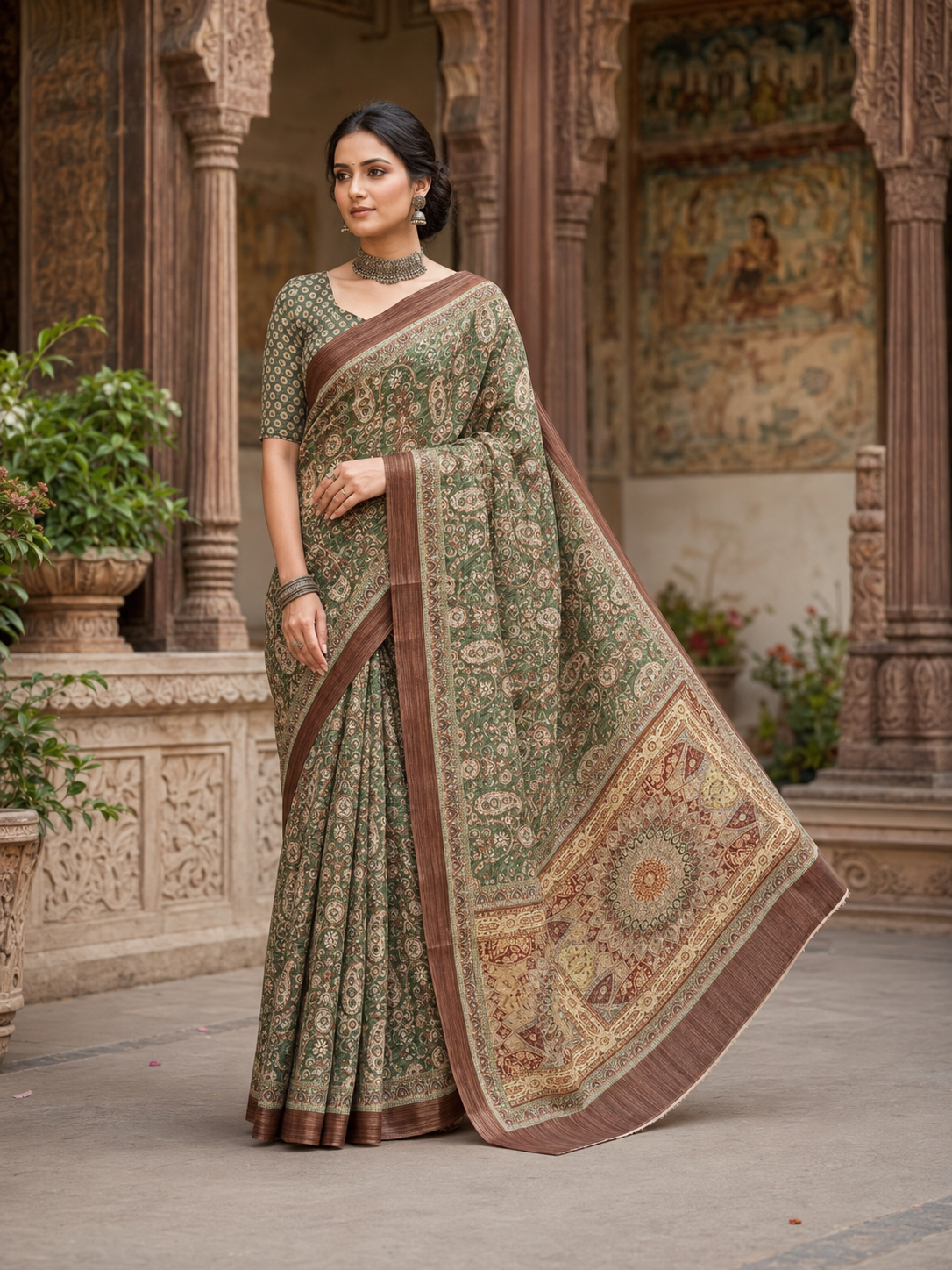 House of Nirwaa Olive Paisley Heritage Cotton Silk Saree with Blouse Piece
