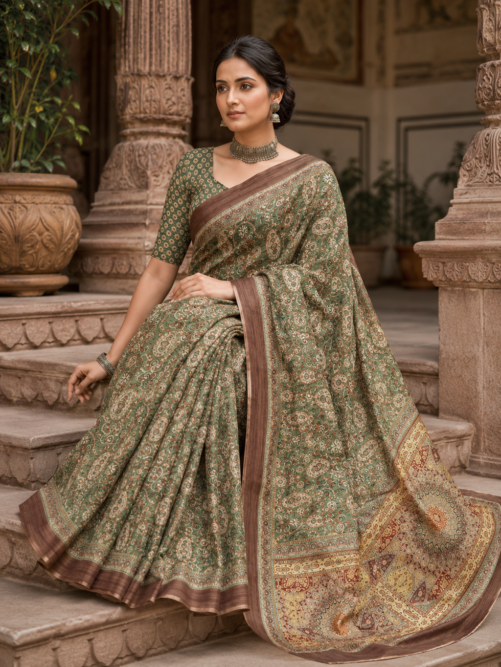House of Nirwaa Olive Paisley Heritage Cotton Silk Saree with Blouse Piece