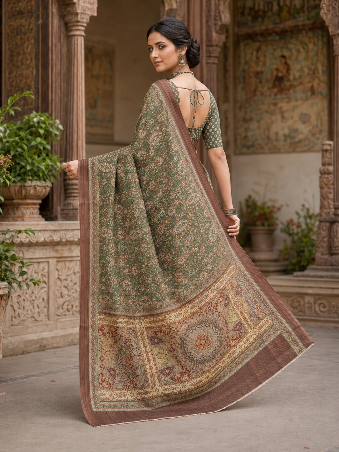 House of Nirwaa Olive Paisley Heritage Cotton Silk Saree with Blouse Piece