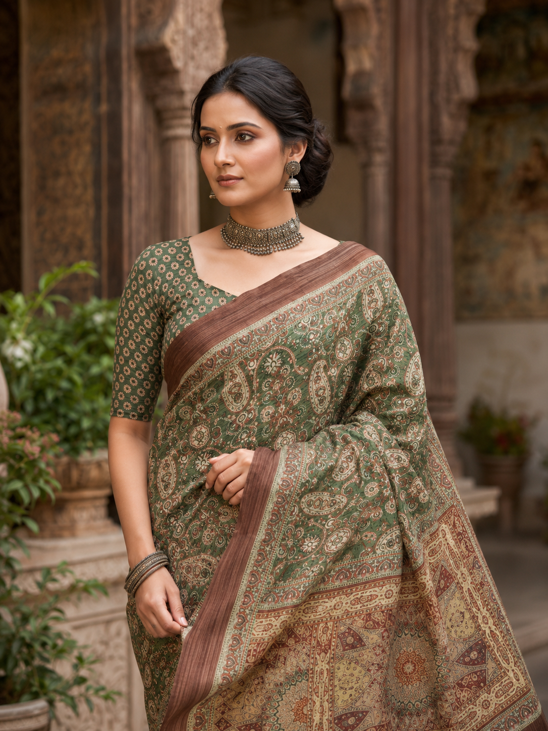 House of Nirwaa Olive Paisley Heritage Cotton Silk Saree with Blouse Piece