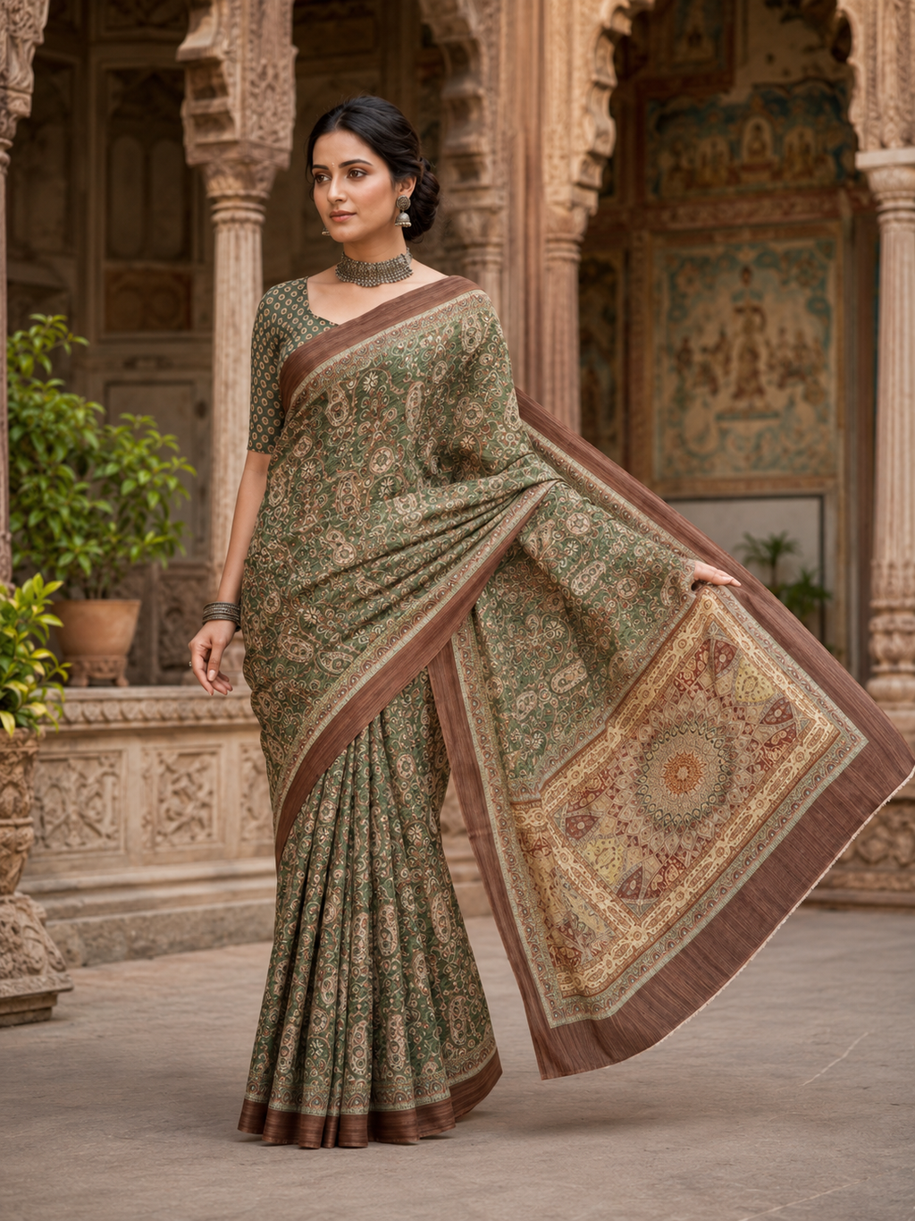 House of Nirwaa Olive Paisley Heritage Cotton Silk Saree with Blouse Piece