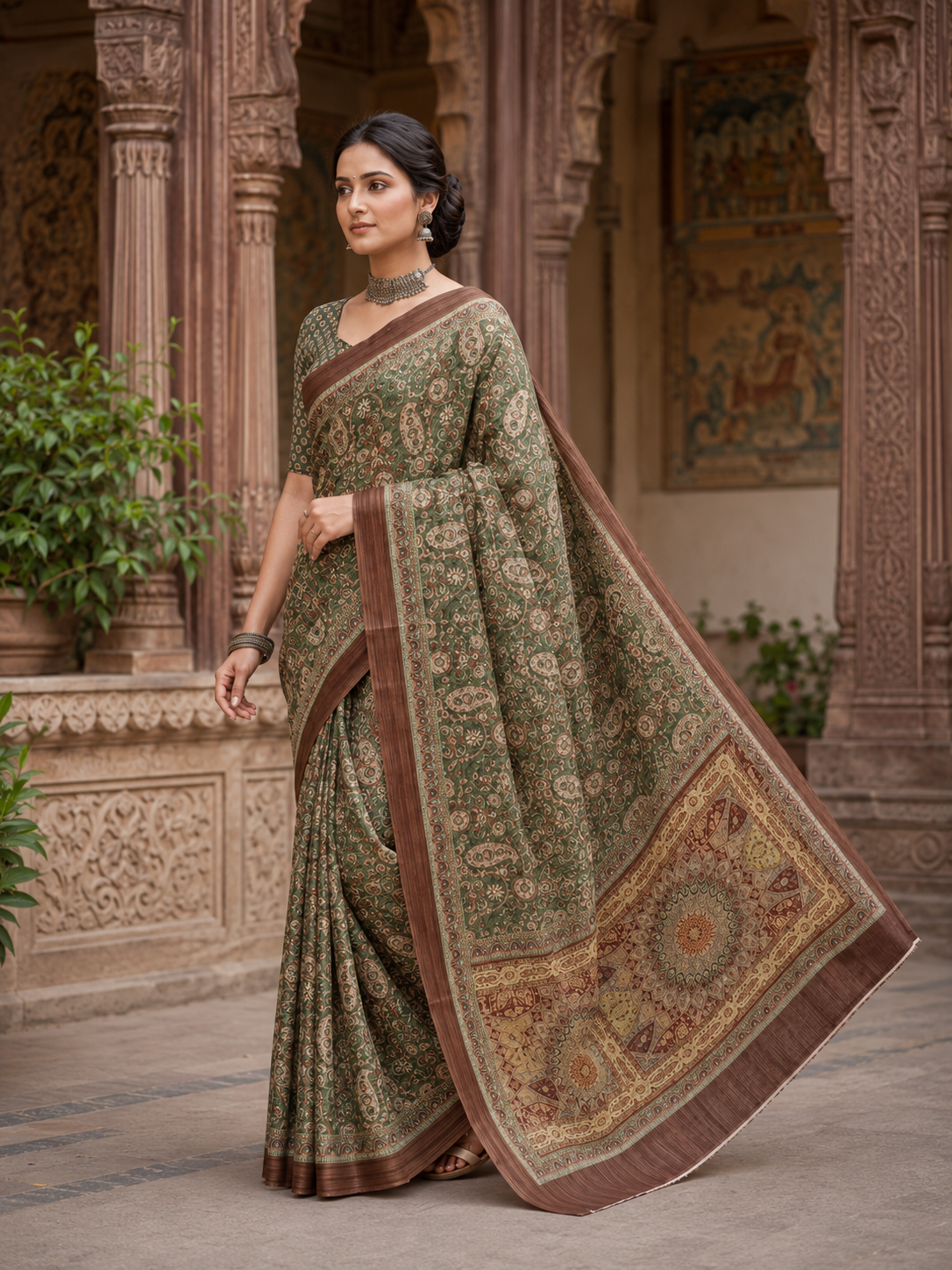 House of Nirwaa Olive Paisley Heritage Cotton Silk Saree with Blouse Piece