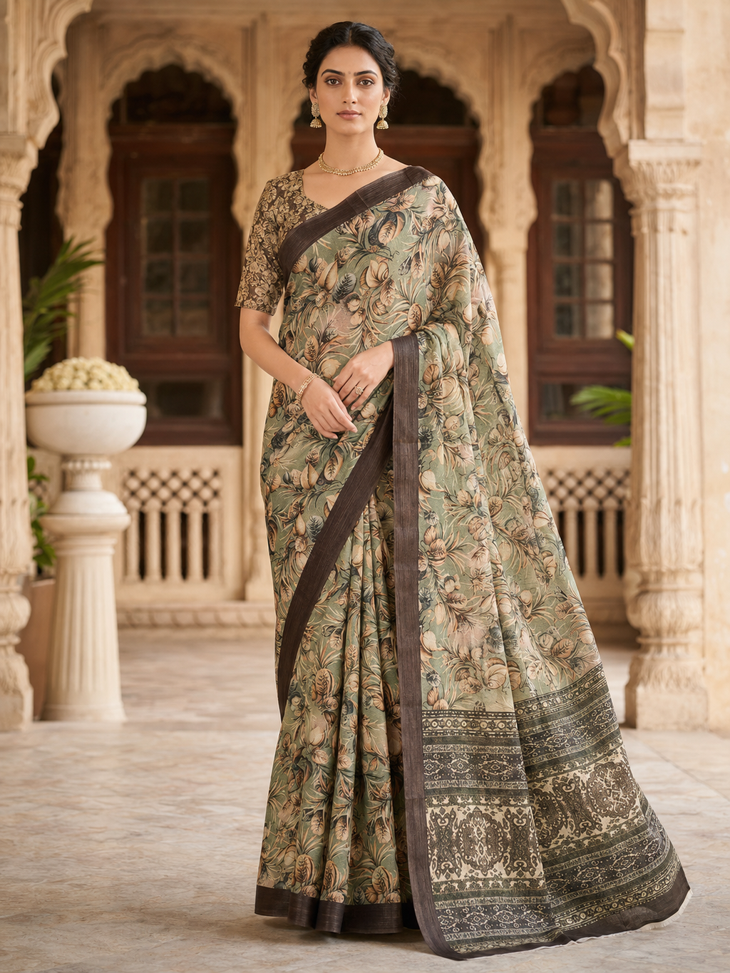 House of Nirwaa Sage Green Floral Cotton Silk Saree with Blouse Piece