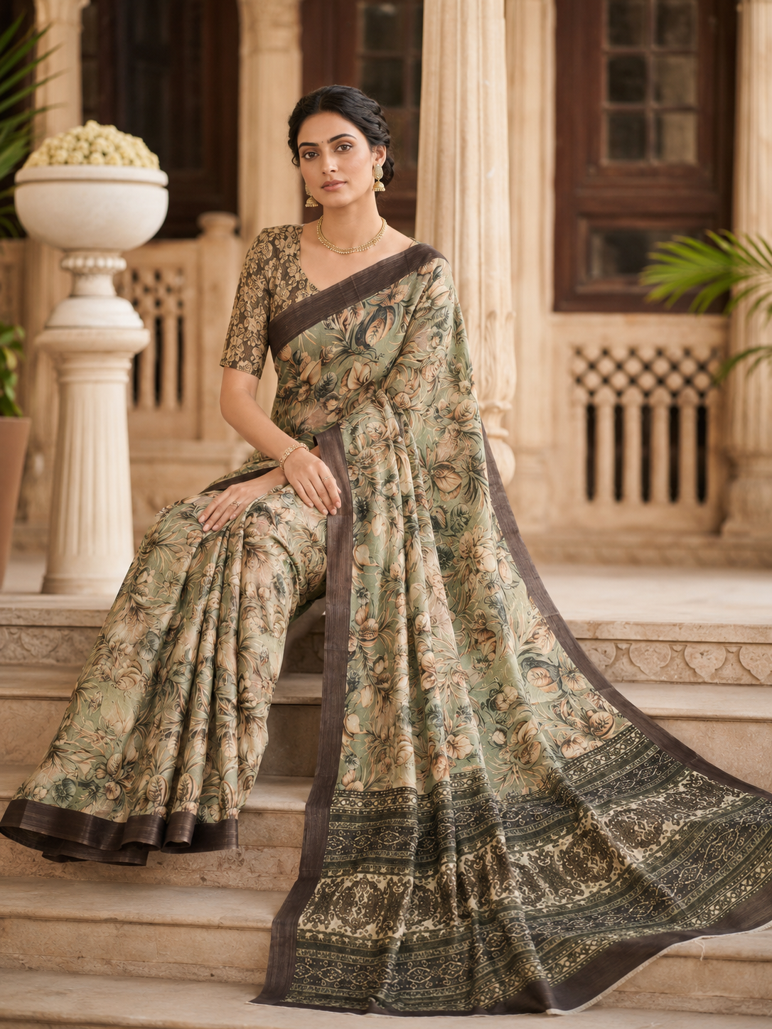 House of Nirwaa Sage Green Floral Cotton Silk Saree with Blouse Piece