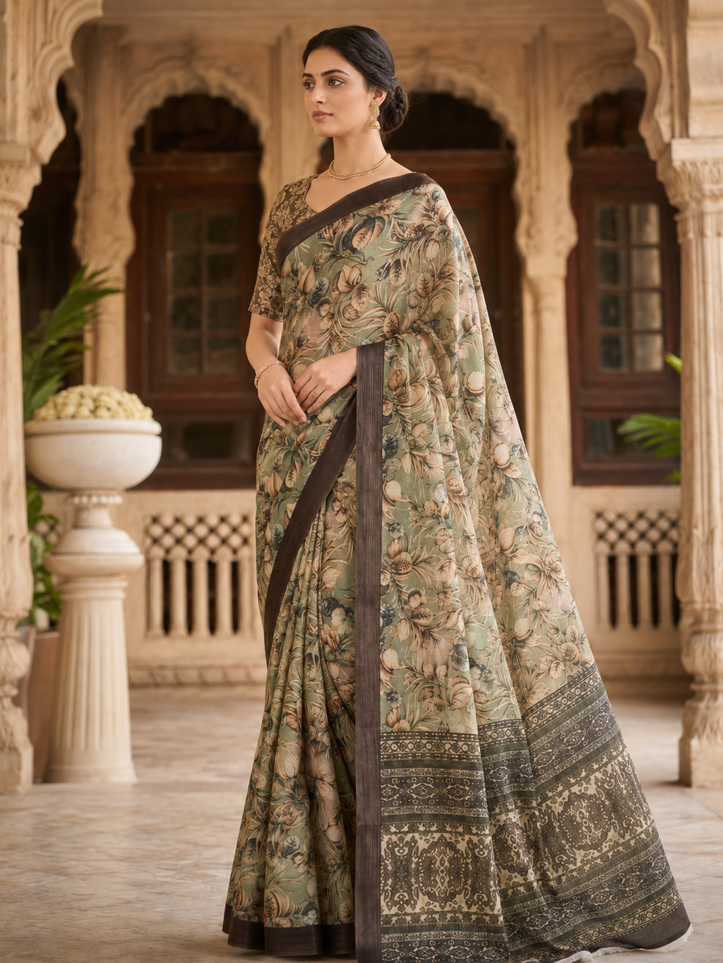 House of Nirwaa Sage Green Floral Cotton Silk Saree with Blouse Piece