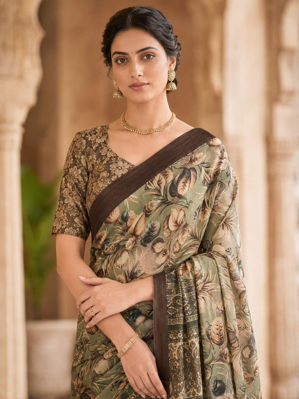 House of Nirwaa Sage Green Floral Cotton Silk Saree with Blouse Piece