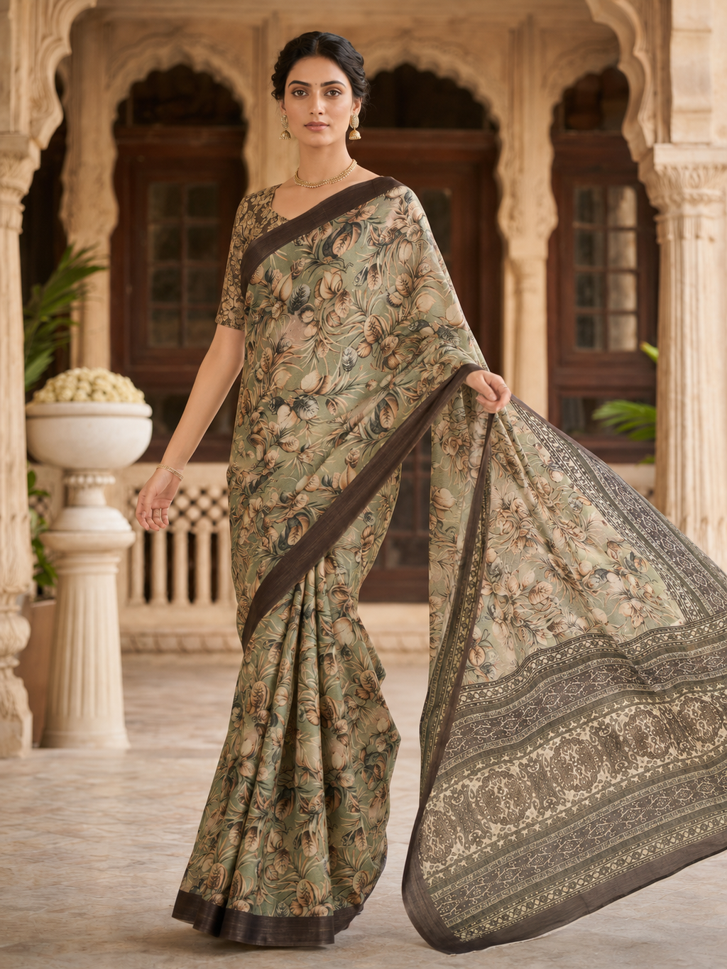 House of Nirwaa Sage Green Floral Cotton Silk Saree with Blouse Piece