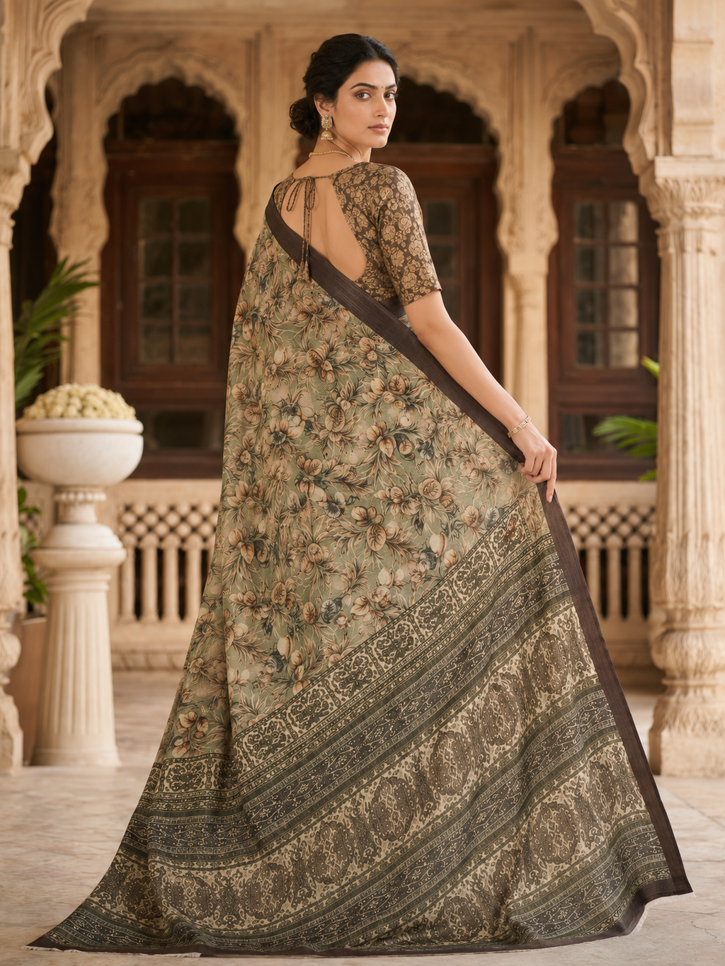 House of Nirwaa Sage Green Floral Cotton Silk Saree with Blouse Piece