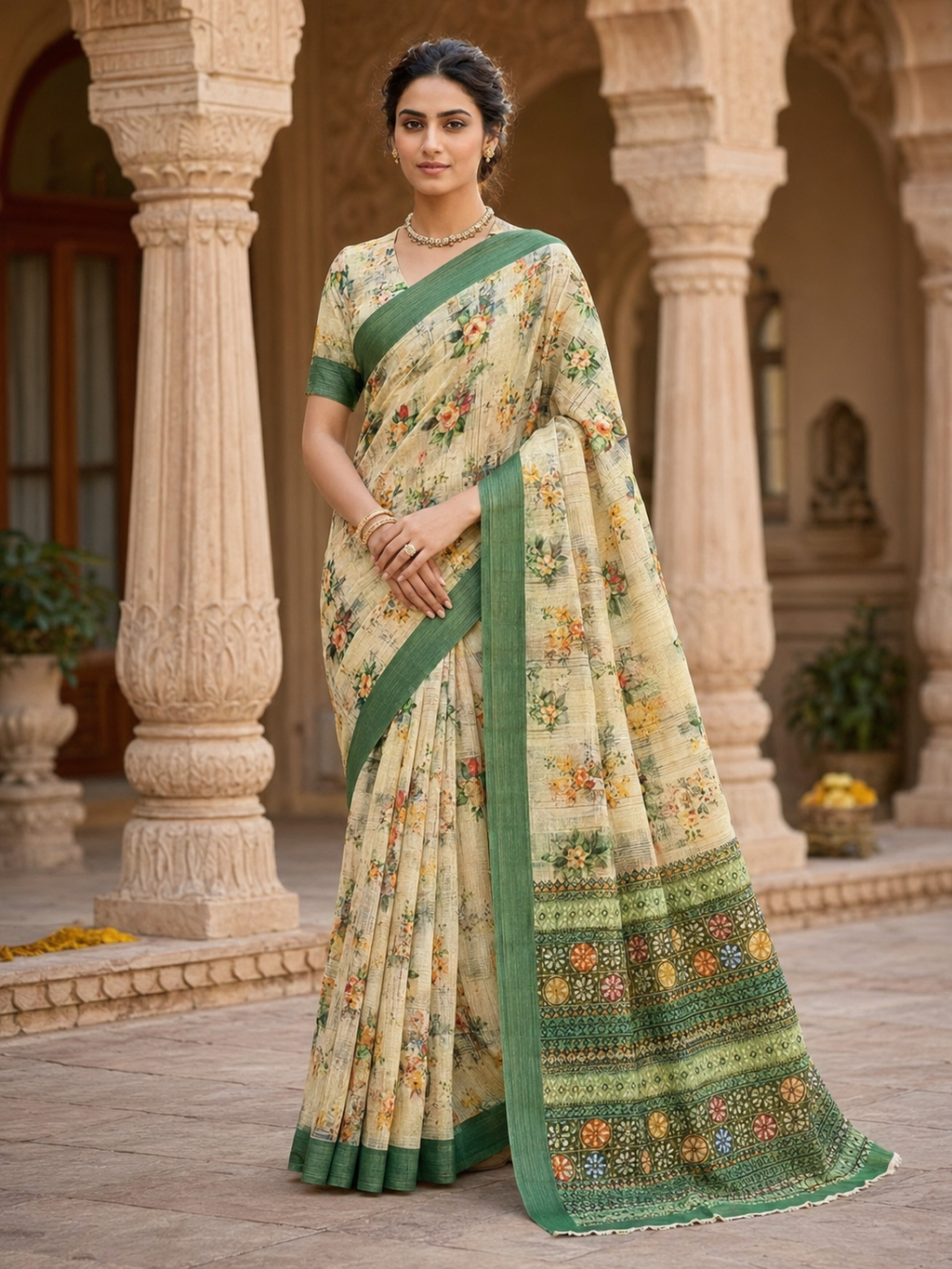 House of Nirwaa Cream Green Floral Cotton Silk Saree with Blouse Piece