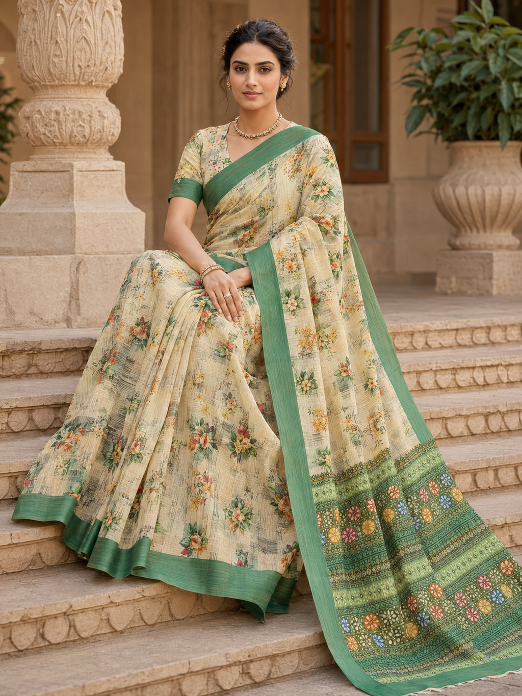 House of Nirwaa Cream Green Floral Cotton Silk Saree with Blouse Piece