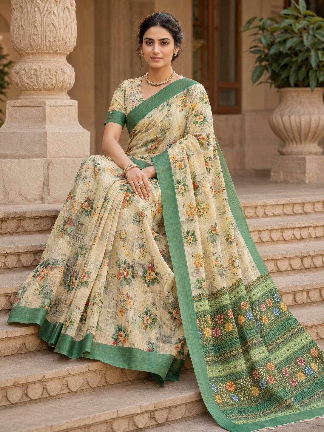 House of Nirwaa Cream Green Floral Cotton Silk Saree with Blouse Piece