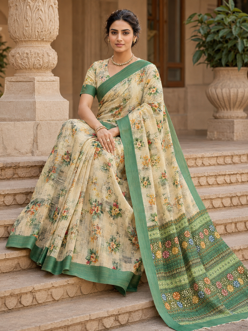 House of Nirwaa Cream Green Floral Cotton Silk Saree with Blouse Piece