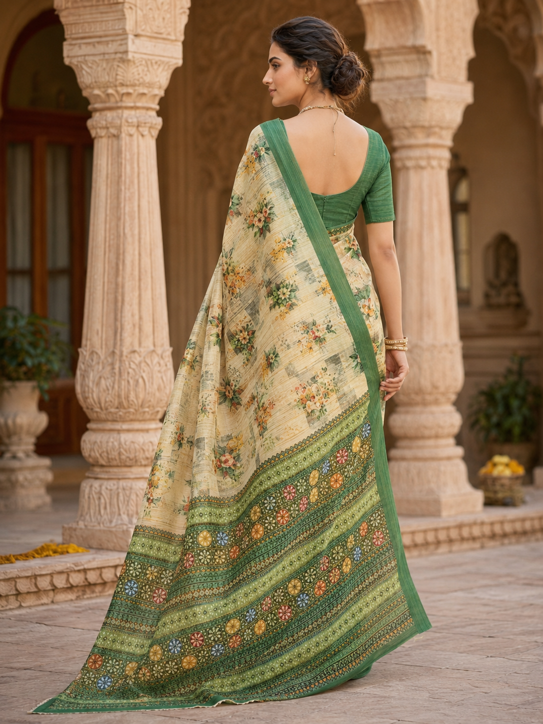 House of Nirwaa Cream Green Floral Cotton Silk Saree with Blouse Piece
