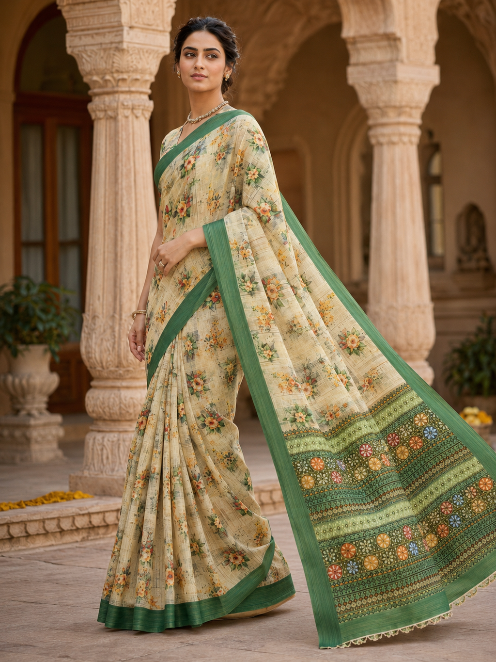 House of Nirwaa Cream Green Floral Cotton Silk Saree with Blouse Piece