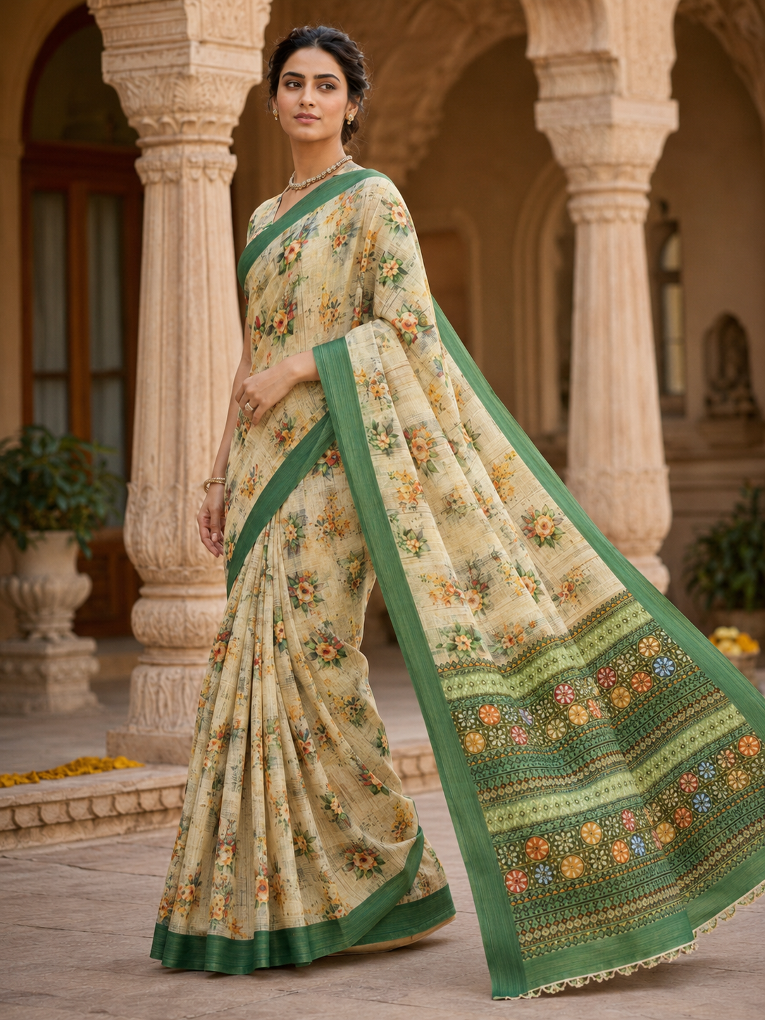 House of Nirwaa Cream Green Floral Cotton Silk Saree with Blouse Piece