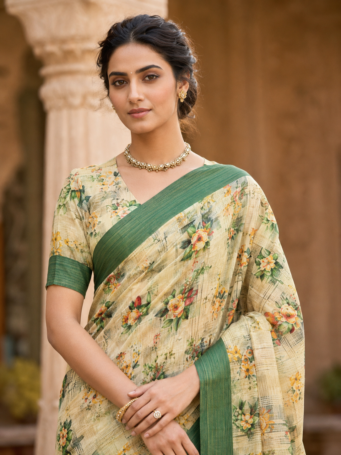 House of Nirwaa Cream Green Floral Cotton Silk Saree with Blouse Piece