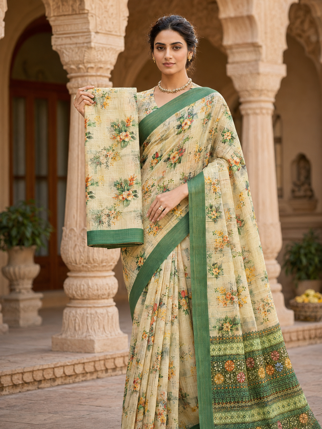House of Nirwaa Cream Green Floral Cotton Silk Saree with Blouse Piece